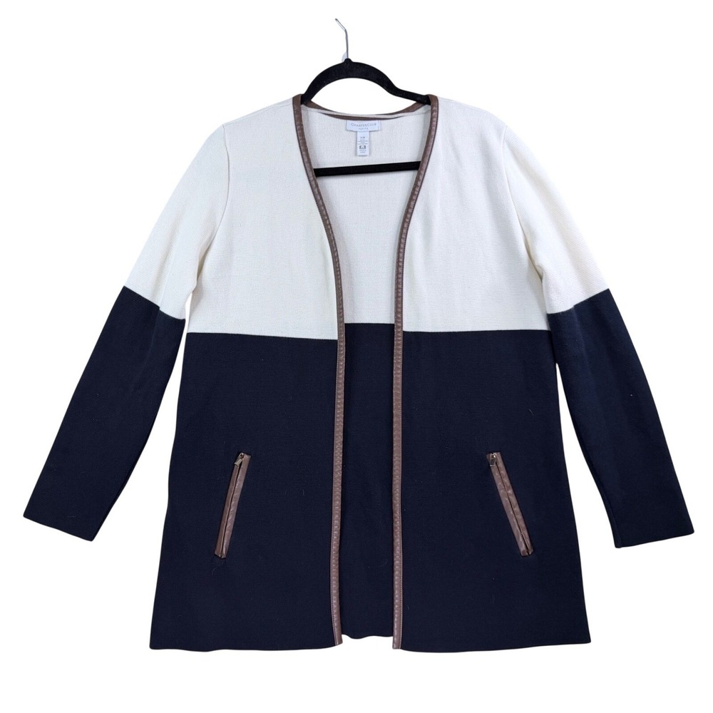 Charter‎ Club Cardigan Women PM Navy Cream Colorblock Faux Leather Trim Sweater